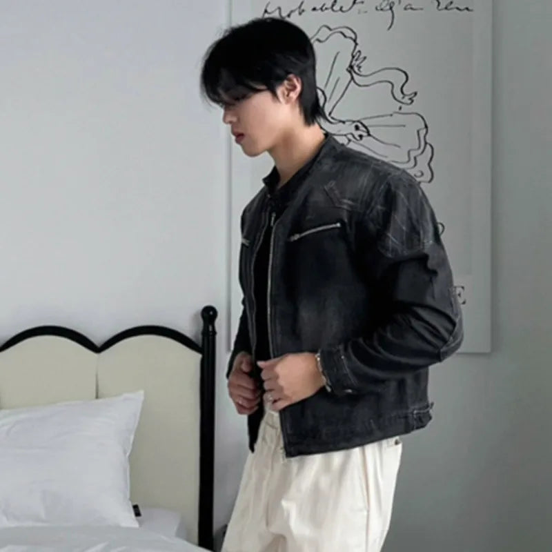 Men's Short Denim Jacket Male Loose Stand  Collar New Korean Multi Pockets Solid Color Trendy Spring Niche Top 9W1452