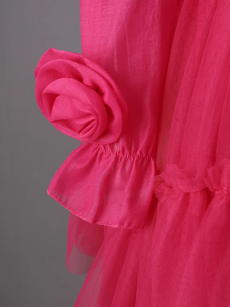 Women Rose Red Mesh Flower Big Size Mini Dress New Stand Collar Long Sleeve Fashion Tide Spring Autumn 2025 CPG3051