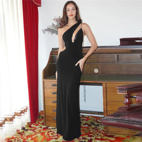 Load image into Gallery viewer, Skew Collar Backless Sexy Mini Dress For Women Gown Black Hollow Out Off-shoulder Sleeveless Bodycon Club Long Dress
