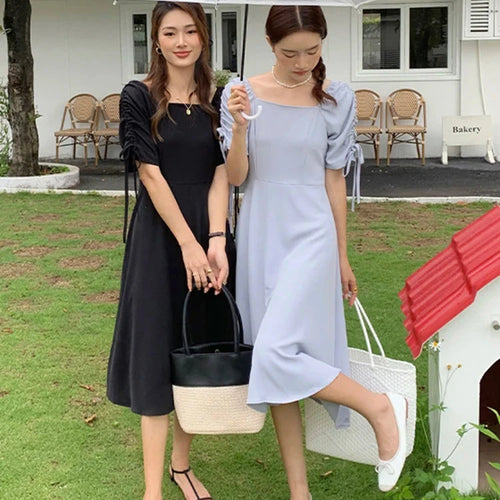 Load image into Gallery viewer, French Style Chic Square Neck Dresses Princess Sleeve High Waist Solid Color Drawstring Female Simple Fashion Dresses
