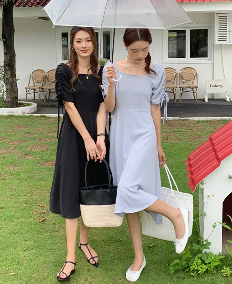 French Style Chic Square Neck Dresses Princess Sleeve High Waist Solid Color Drawstring Female Simple Fashion Dresses