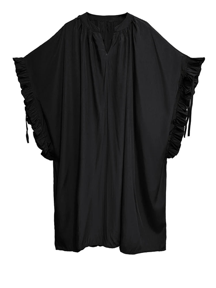 Women Black Bandage Ruffles Big Size Midi Dress New V-Neck Half Batwing Sleeve Fashion Tide Spring Autumn 2025 1DJ1044