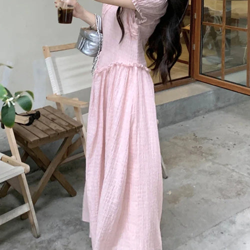 Load image into Gallery viewer, Pink Edible Tree Fungus V-neck Female Dresses Puff Sleeve Slim Waist Solid Color French Style Elegant Chic Women&#39;s Dress
