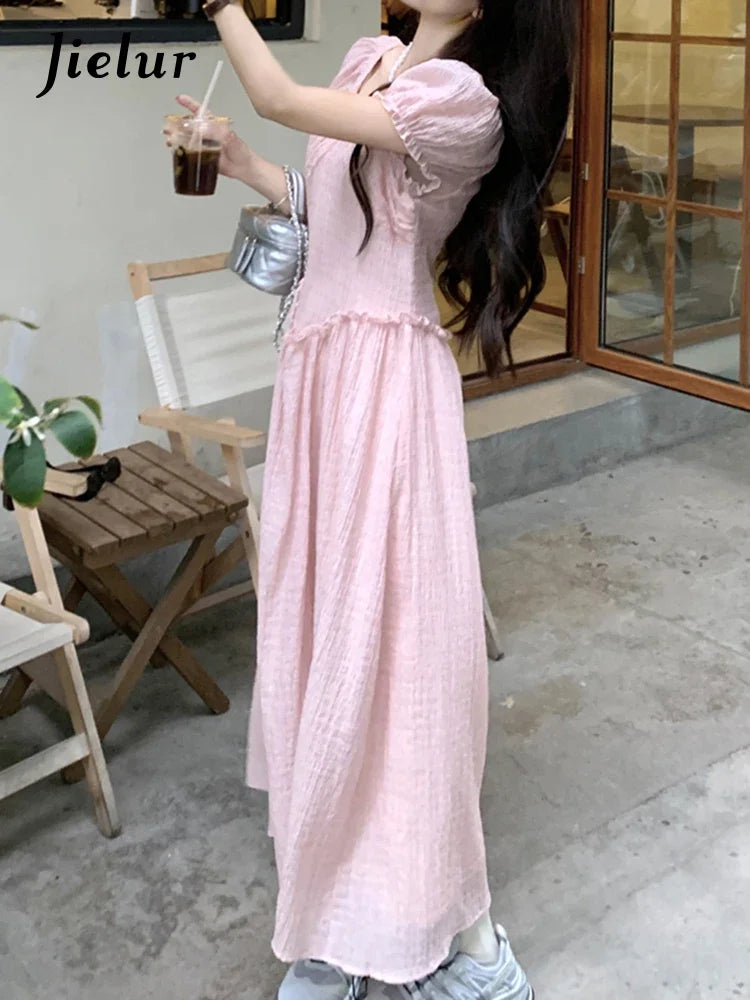 Pink Edible Tree Fungus V-neck Female Dresses Puff Sleeve Slim Waist Solid Color French Style Elegant Chic Women's Dress