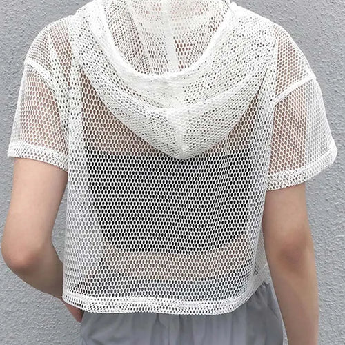 Load image into Gallery viewer, Womens Hollow Mesh Net Hooded T-Shirt Short Sleeve Tee Tops Transparent Black Swxy Clubwear Party

