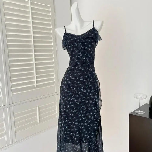 Load image into Gallery viewer, French Women's Purple Print Elegant Sexy Club Backless Slip Long Dress 2025 Summer Black Sleeveless Slim Vacation Party Dresses
