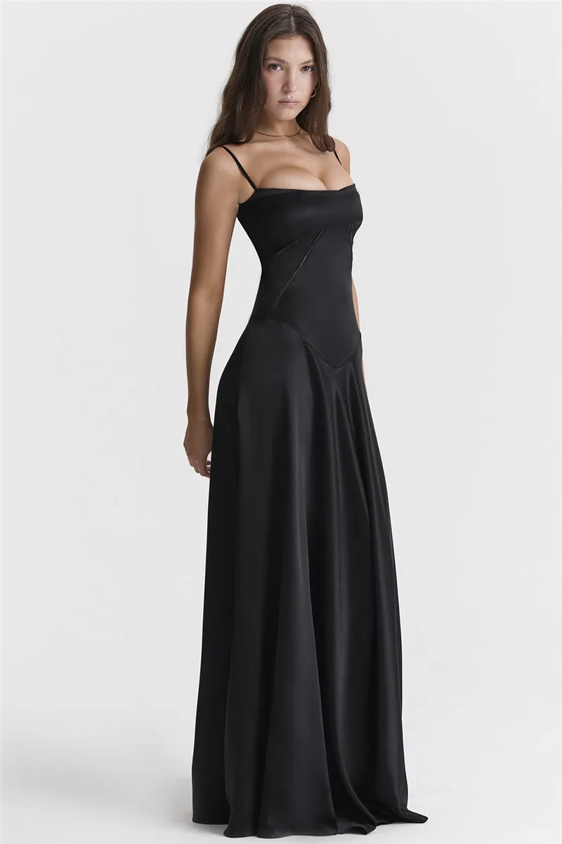 Lace-up Satin Maxi Slipdress Women Black Spaghetti Strap Sleeveless Backless Maxi Dress Femme Club Party Evening Dress