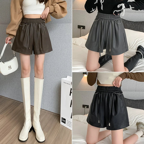 Load image into Gallery viewer, Autumn Winter Black Brown High Waist Drawstring Lace-up Leather Shorts Women&#39;s Korean Version Loose Versatile Casual Short Pant
