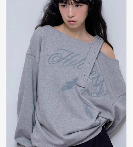 Vintage Sweatshirts for Women Letter Print Long Sleeve Loose Sexy Tops Y2k Clothing Off Shoulder Casual Hoodies 2024 Ropa Mujer