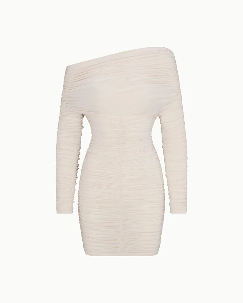 Inclined Shoulder Long Sleeve Sexy Mini Dress For Women Autumn New Fashion Backless Ruched Bodycon Party Sexy Dress