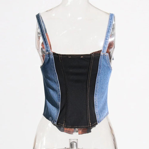 Load image into Gallery viewer, Hit Color Patchwork Denim Tank Tops For Women Square Collar Sleeveless Off Shoulder Summer Vest Female Fashion

