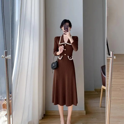 Load image into Gallery viewer, Women Lapel Single Breasted Patchwork Midi Sweater Dress Elegant Fashion Pullover Bodycon Streetwear Knit Dress 2023 New Autumn
