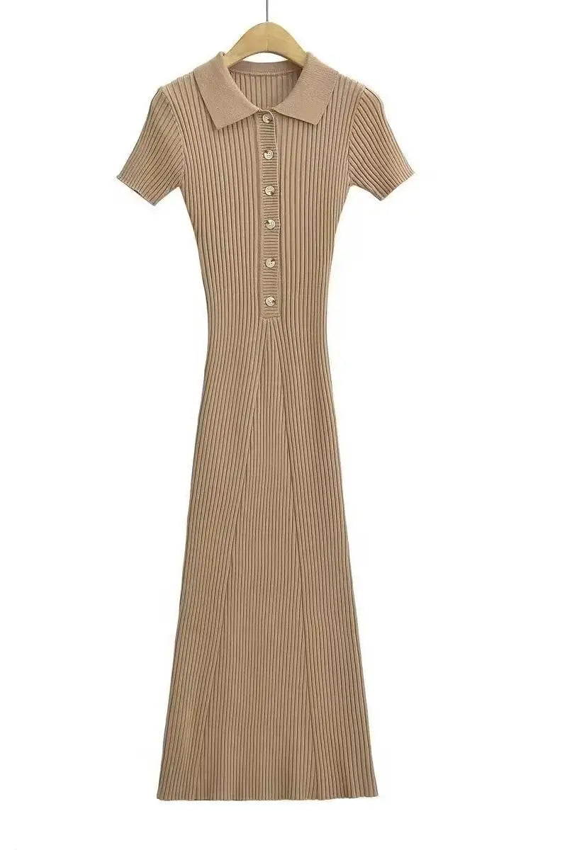 Korean Version Solid Polo Collar Single Breasted Knitted Long Dress Women's Summer Elegant Slim Short Sleeve Wrapped Hip Dresses