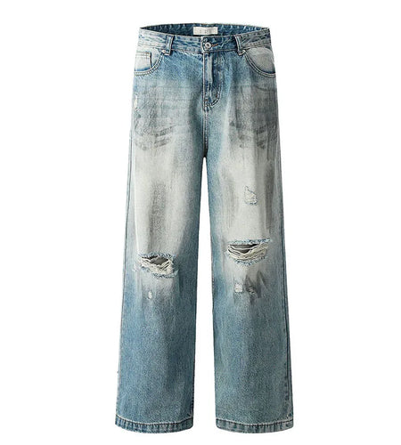 Men's Hole Jeans New American Style Distressed High Street Ripped Jeans Street Handsome Straight Wide Leg Summer 9W1719