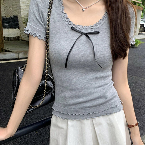 Load image into Gallery viewer, Y2k Aesthetic Summer Apricot Sweet Bow Tees 2025 Vintage Knitted Ruffled Fairy Tshirts Women Harajuku Grunge Slim Fit Thin Tops
