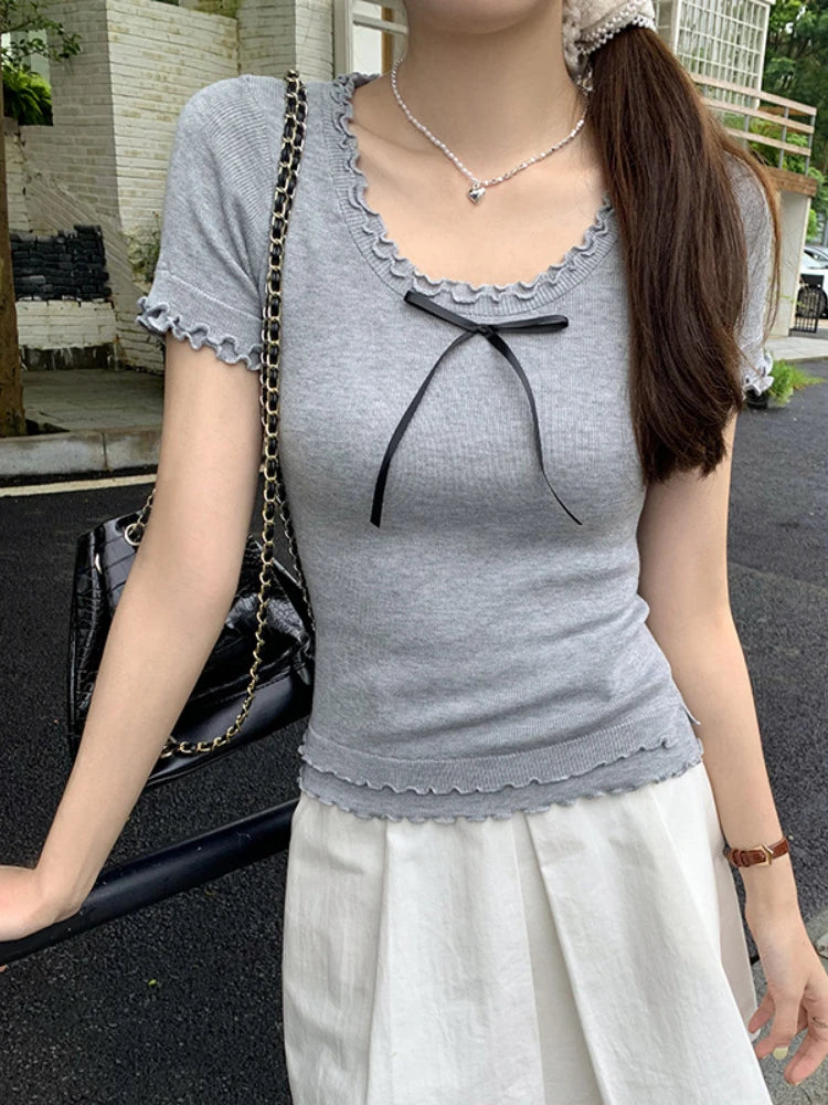 Y2k Aesthetic Summer Apricot Sweet Bow Tees 2025 Vintage Knitted Ruffled Fairy Tshirts Women Harajuku Grunge Slim Fit Thin Tops