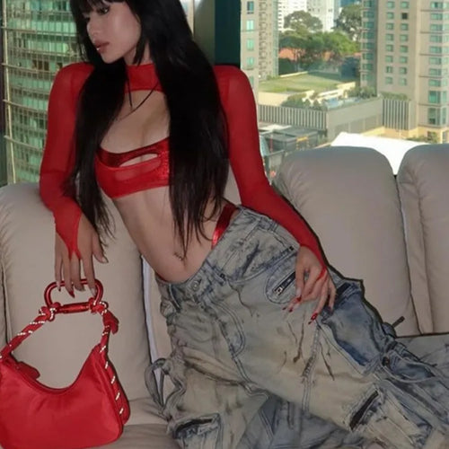 Load image into Gallery viewer, See Through Slim Women Hollow Out Harajuku T-shirt Sexy Y2k Aesthetic Mesh Harajuku Red Tshirts Streetwear Red Grunge Crop Tops
