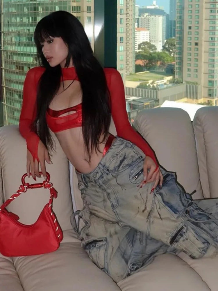 See Through Slim Women Hollow Out Harajuku T-shirt Sexy Y2k Aesthetic Mesh Harajuku Red Tshirts Streetwear Red Grunge Crop Tops