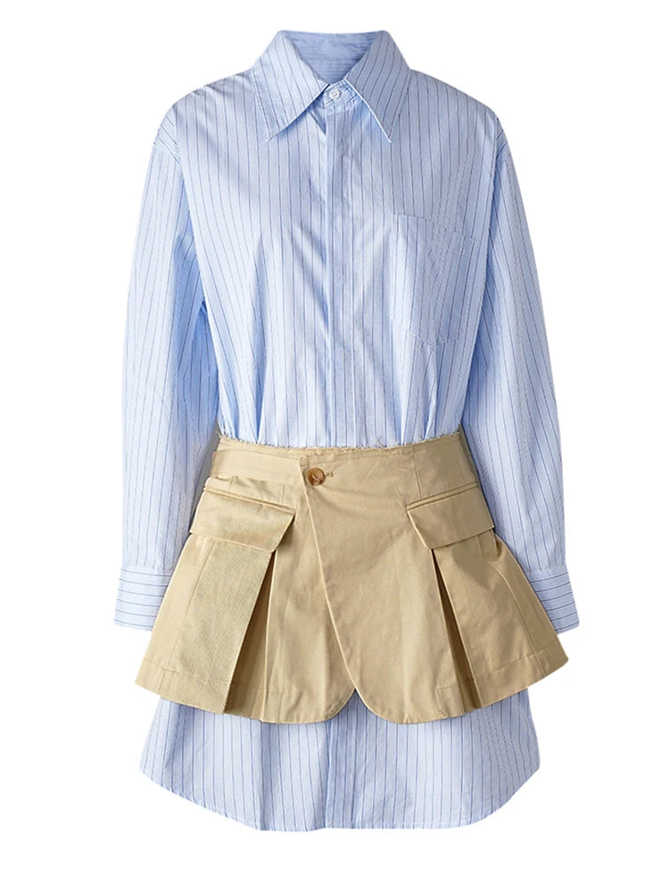 Women Blue Striped Pleated Elegant Big Size Blouse New Lapel Long Sleeve Shirt Fashion Tide Spring Autumn 2025 7AB1822