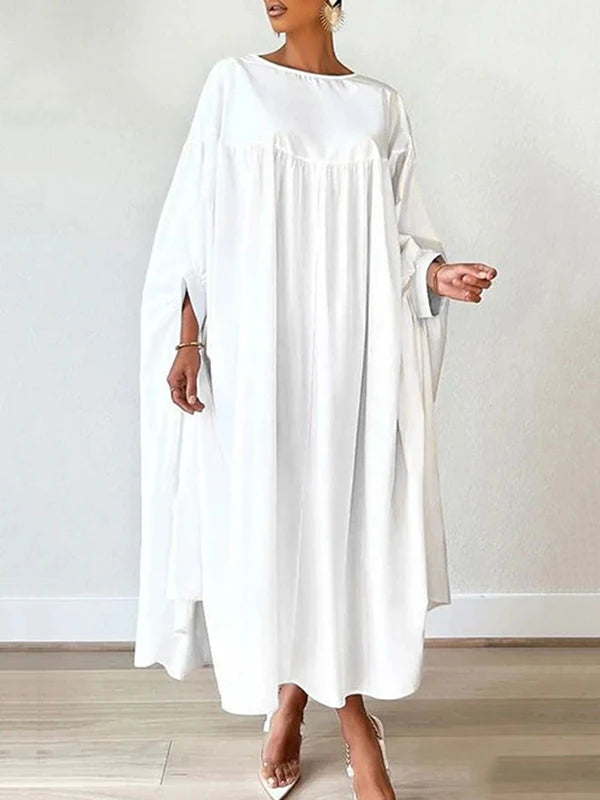 Women’s Oversieze Batwing Sleeves Simple White Maxi Dresses Autumn Spring Casual Round-neck Loose Muslim Woman Dresses