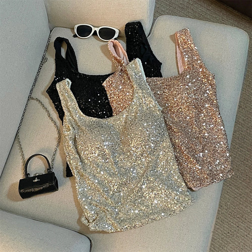 Load image into Gallery viewer, Vintage Black Beige Sequins Round Neck Backless Vest Women&#39;s 2024 Summer New Fashion Pink Elegant Sleeveless Tank Tops Vacation
