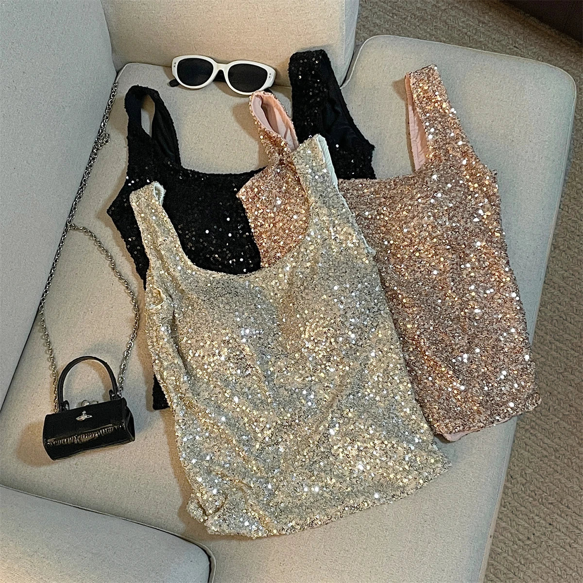 Vintage Black Beige Sequins Round Neck Backless Vest Women's 2024 Summer New Fashion Pink Elegant Sleeveless Tank Tops Vacation