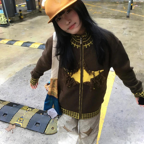 Load image into Gallery viewer, Y2k Aesthetic Vintage Knitted Plaid Cardigans Star Jacquard Tassel Zipper Sweater Coats Loose Women Grunge Harajuku Ins Knitwear
