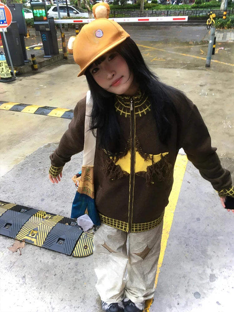 Y2k Aesthetic Vintage Knitted Plaid Cardigans Star Jacquard Tassel Zipper Sweater Coats Loose Women Grunge Harajuku Ins Knitwear