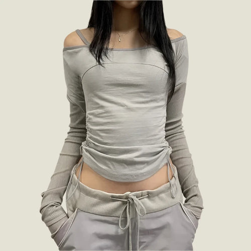 Load image into Gallery viewer, 2000s Y2k Crop Tops Korean Style Drawstring One Shoulder Ribbed Patchwork Grey Tees Techwear Cool Shirts P84-CC17
