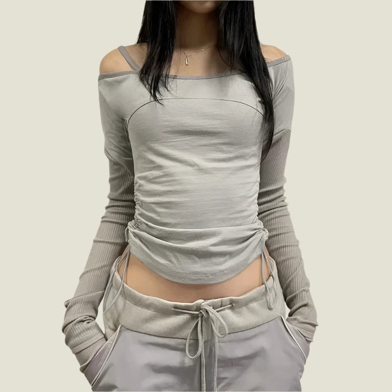 2000s Y2k Crop Tops Korean Style Drawstring One Shoulder Ribbed Patchwork Grey Tees Techwear Cool Shirts P84-CC17