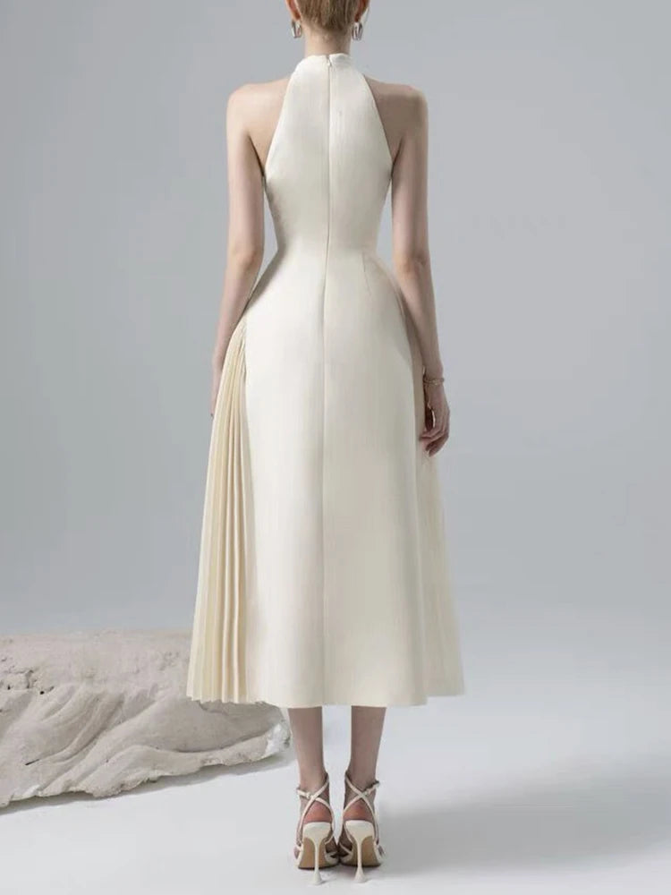 Solid Elegant Slimming Dresses For Women Lapel Sleeveless High Waist Spliced Zipper Folds Temperament Dress Female Fashion