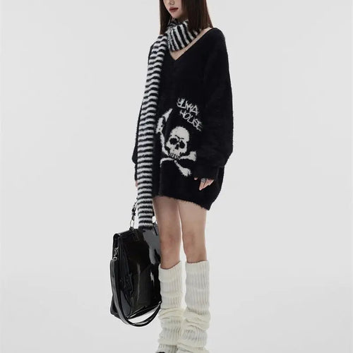 Load image into Gallery viewer, Loose Mohair Thick Sweater Women Y2k Aesthetic Knitted Punk Vintage Pullover Sueter Mujer Harajuku Skull Print Grunge Pull Femme
