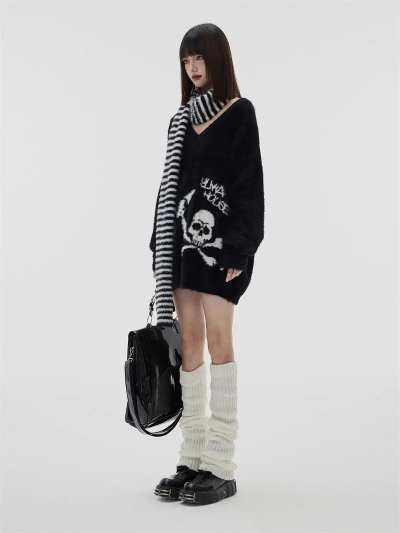 Loose Mohair Thick Sweater Women Y2k Aesthetic Knitted Punk Vintage Pullover Sueter Mujer Harajuku Skull Print Grunge Pull Femme