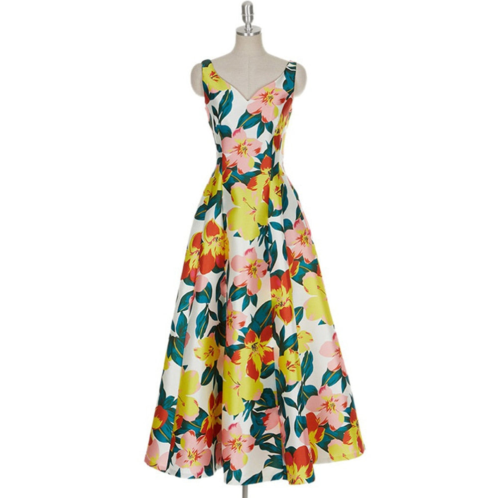 Casual Print Sling Dress For Women V Neck Sleeveless High Waist Colorblock Midi Dresses Female Clothing Summer