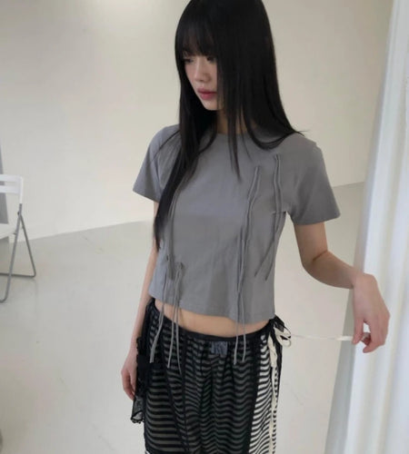 Y2k Aesthetic Vintage Summer Bow Tees  Women Harajuku Grunge Bottoming Crop Top 2025 Slim Streetwear Solid Sweet Cute Tshirts