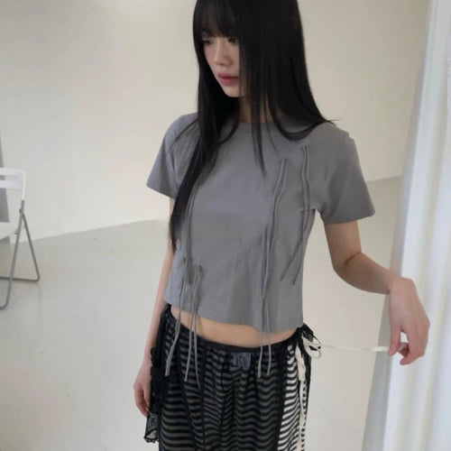 Load image into Gallery viewer, Y2k Aesthetic Vintage Summer Bow Tees  Women Harajuku Grunge Bottoming Crop Top 2025 Slim Streetwear Solid Sweet Cute Tshirts
