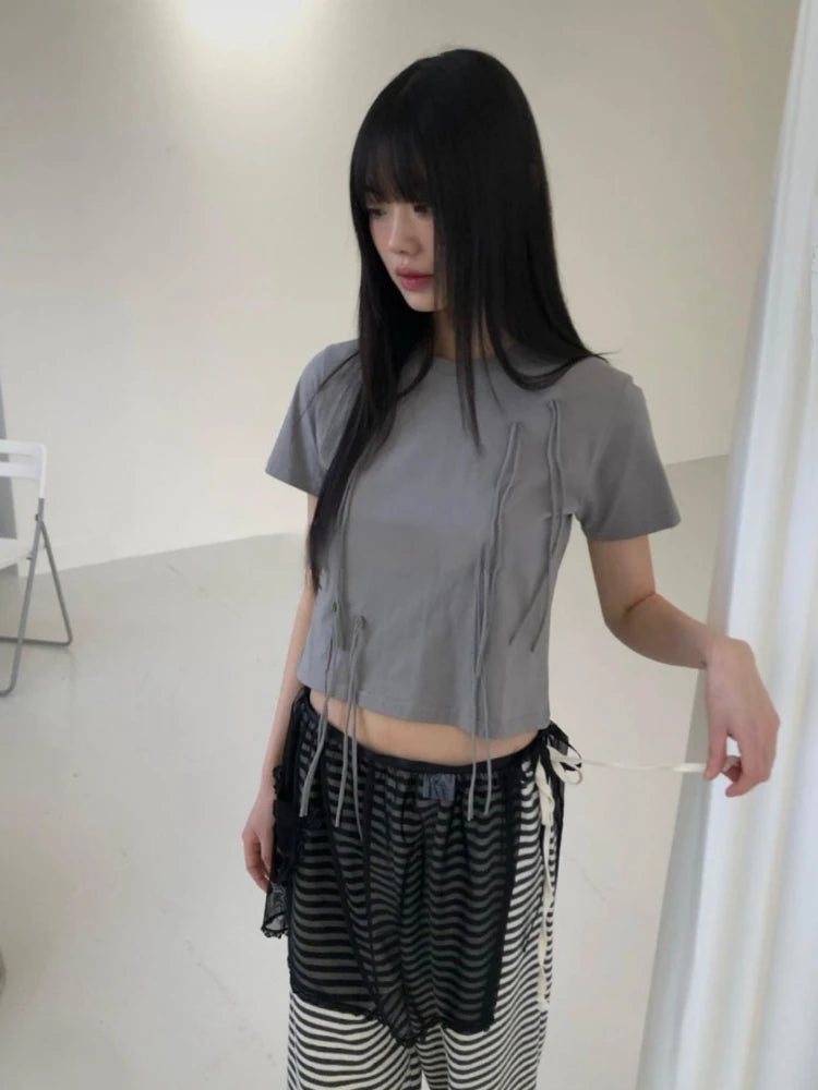 Y2k Aesthetic Vintage Summer Bow Tees  Women Harajuku Grunge Bottoming Crop Top 2025 Slim Streetwear Solid Sweet Cute Tshirts