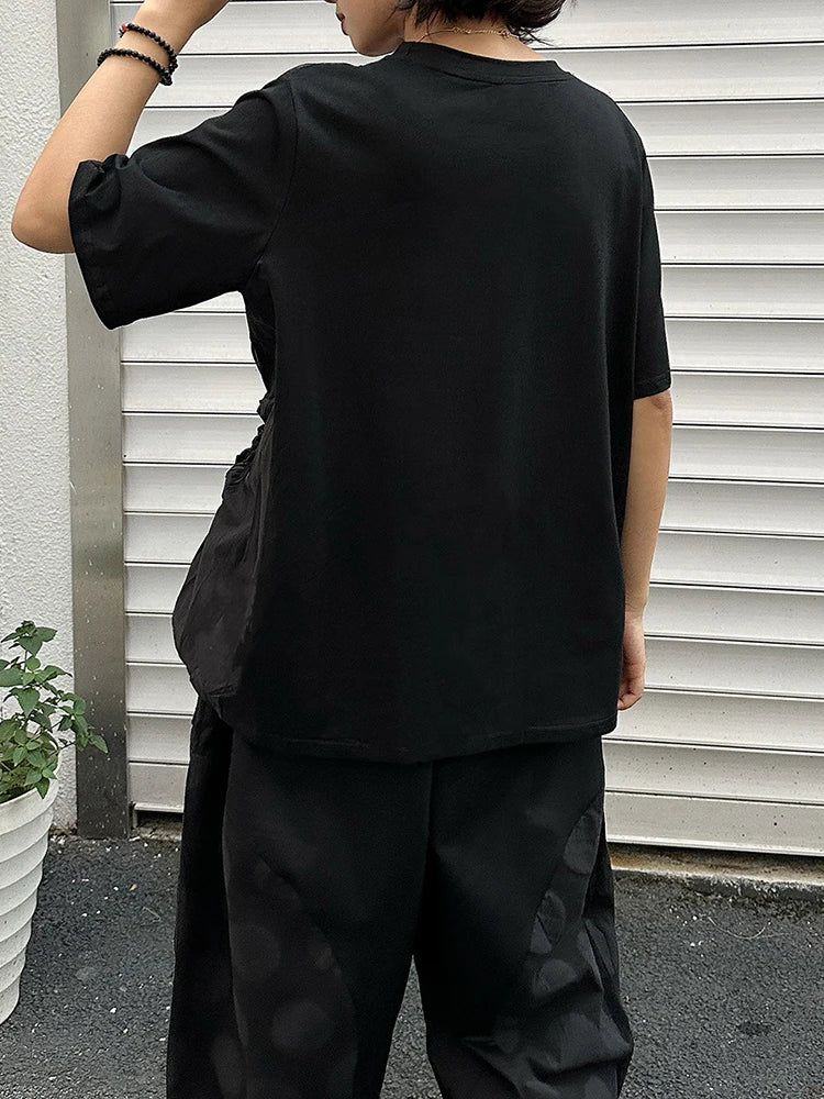 Women Black Dot Jacquard Pleated Big Size T-shirt New Round Neck Short Sleeve Fashion Tide Spring Summer 2025 1DJ1343