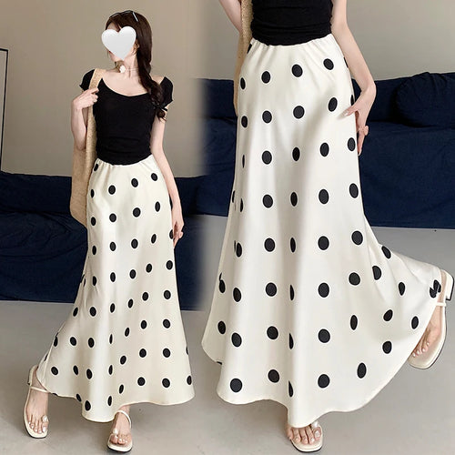 Load image into Gallery viewer, Spring Summer Women Black Beige Polka Dot Elegant Fishtail Long Skirt Korean Fashion High Waist Vacation Wrapped Hip Skirt Trend
