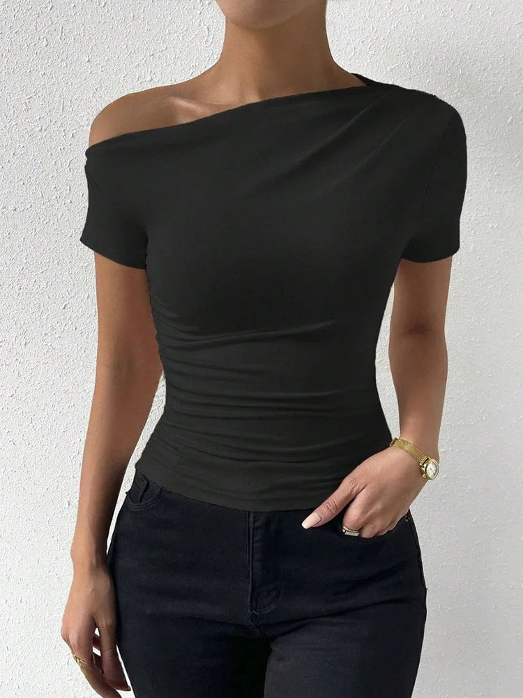 Women's One-Shoulder Ruched Short-Sleeve T-Shirt Summer Fashion Casual Solid Color Slim Fit Streetwear Top 2024