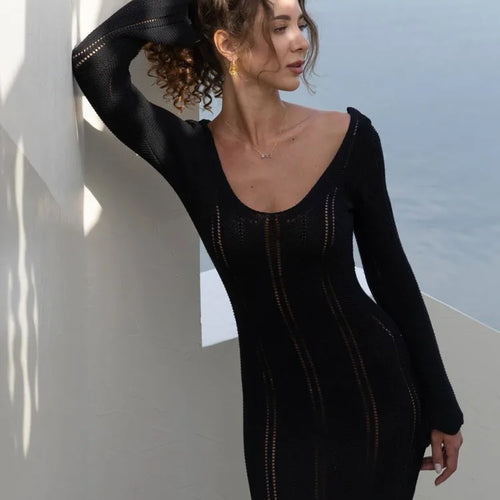 Load image into Gallery viewer, Elegant Knitted Sweater Long Sleeved V-neck Dress Women Slim Hollow Out Female Vesidos Party Club Evening Dress Vacation
