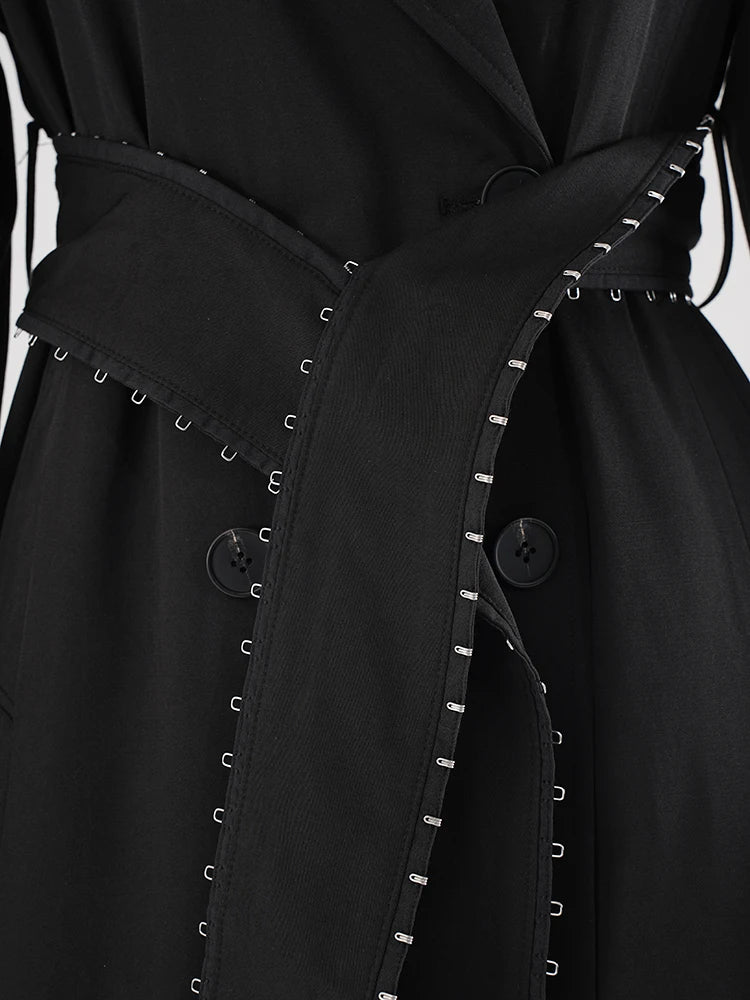 Women Black Belted Big Size Long Elegant Trench New Lapel Long Sleeve Windbreaker Fashion Tide Spring Autumn 2025 CPDB265