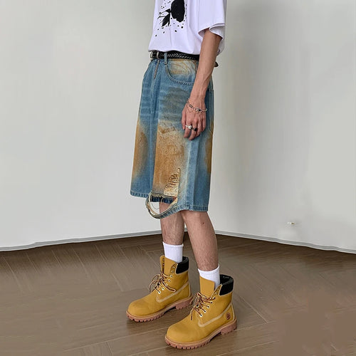 Load image into Gallery viewer, Niche Style Men&#39;s Denim Shorts Hole Worn-out Contrast Color Bottom Straight Wide Leg Male Trousers Streetwear Chic 9C6803
