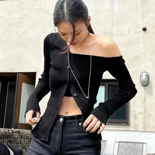 Load image into Gallery viewer, Autumn Knitted Slash Neck Off Shoulder T-shirts Slim Single Breasted Slim Fit Tops Women Black Sexy Y2k Aesthetic Grunge Tees
