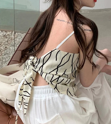 y2k Tops Summer Women Geometric Stripe Print Spaghetti Strap Sleeveless Backless Camisole 2000s Clothing Streetwear