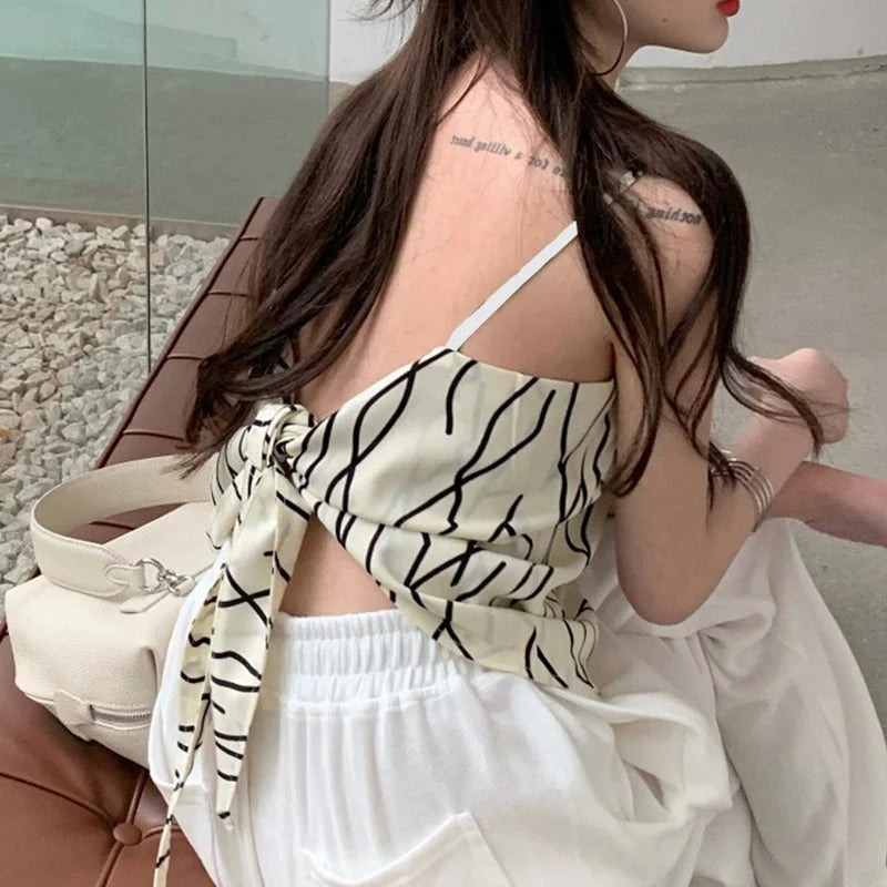 y2k Tops Summer Women Geometric Stripe Print Spaghetti Strap Sleeveless Backless Camisole 2000s Clothing Streetwear