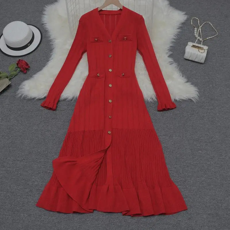 Korean 2024 New Spring Autumn Solid Temperament V-neck Knitted Dresses Women's Elegant Long Sleeve Office Buttons Ruffles Dress