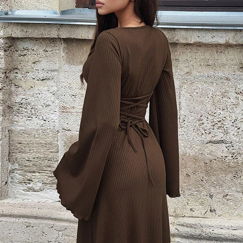 Fashion Elegant Knit Maxi Dress Frill Knit Solid Flare Sleeve Autumn Dress Ladies Basic Lace Up A-Line Long Outfits