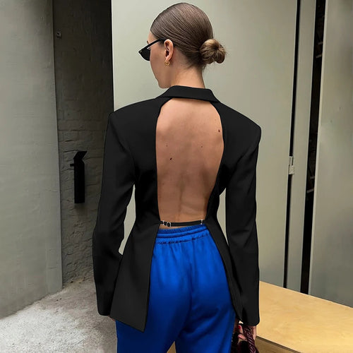 Load image into Gallery viewer, Autumn Long Sleeve Blazer Women Fashion Notched Collar Backless Pocket Suit Jacket Ladies Winter Elegant Blazers
