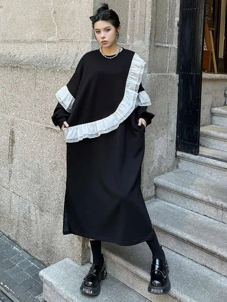 Women Black Ruffles Spliced Big Size Long Casual Dress New Round Neck Long Sleeve Fashion Tide Spring Autumn 2025 1DH7701